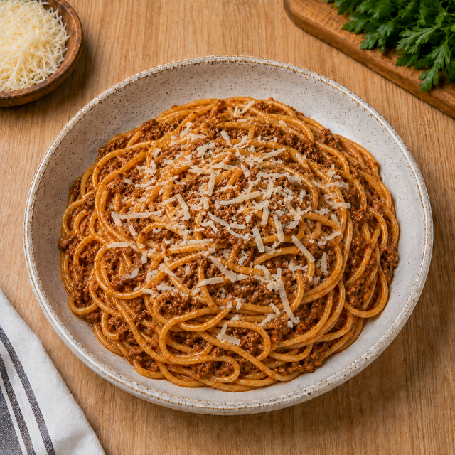 Spaghetti tossed in a rich beef bolognese, topped with Parmesan