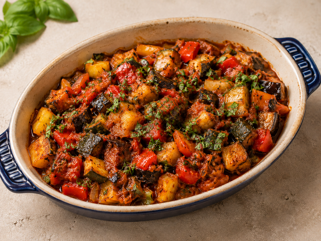 Roasted ratatouille, glossy with olive oil and herbs