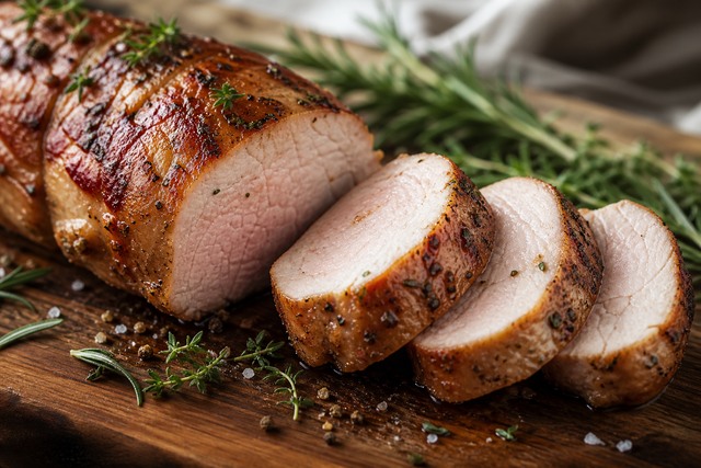 Sliced roasted pork tenderloin, juicy inside