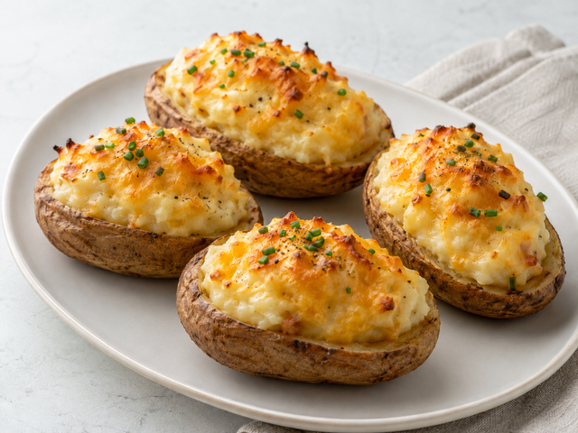 Twice-baked potatoes, crisp on top and fluffy inside