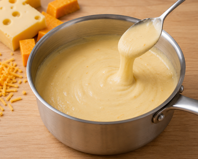 A smooth, glossy cheddar cheese sauce