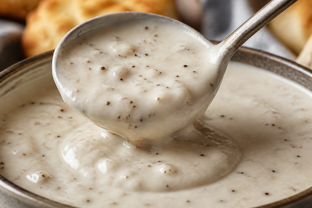 A ladle of creamy, pepper-flecked country gravy