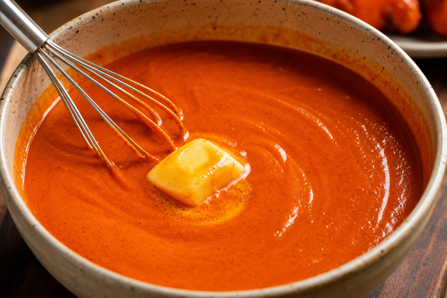 A bowl of vivid orange-red buffalo hot wing sauce