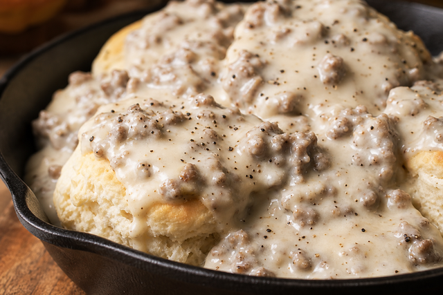 Sausage gravy over biscuits in a skillet