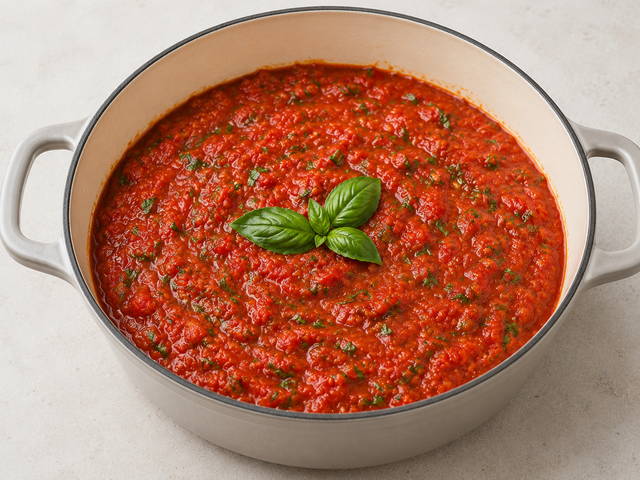 A bright tomato basil sauce with fresh basil