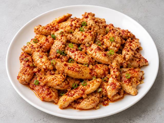 Chili garlic chicken tossed in a glossy red sauce