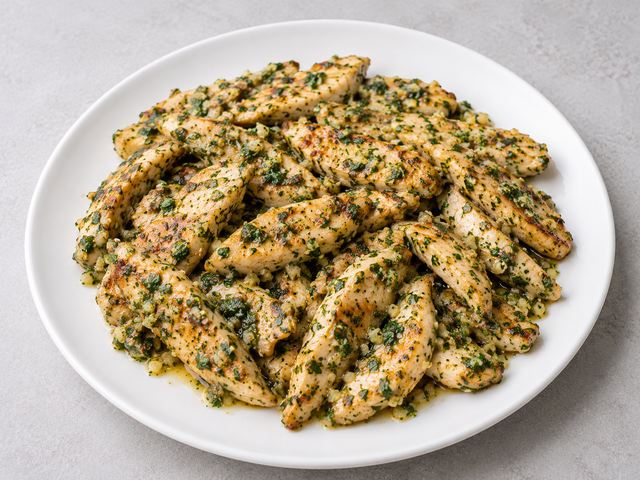 A sliced sautéed chicken breast with a light pan sauce