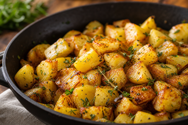 Golden sautéed potatoes with herbs in a skillet