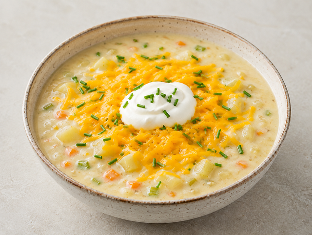 A creamy potato soup topped with melting cheddar and chives